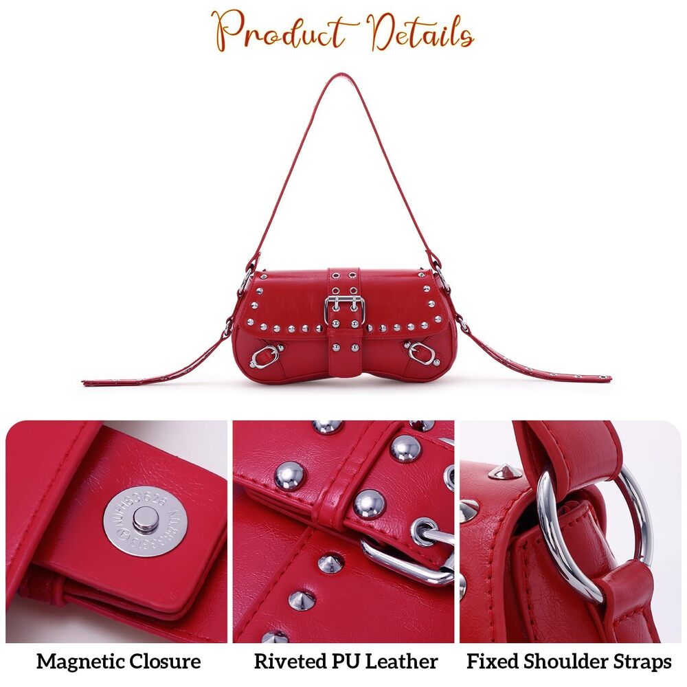 6053 Y2k Shoulder Bag Handbag Studded Punk Rivet Purse Goth Trendy Leather - Picture 4 of 6